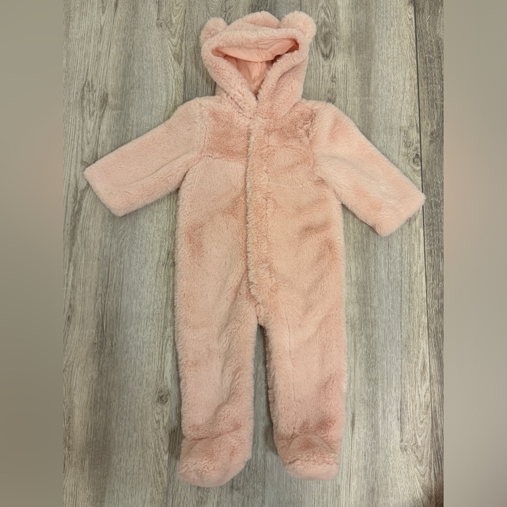 Janie and Jack Pink baby 6-9 months Faux Fur footed one piece outerwear